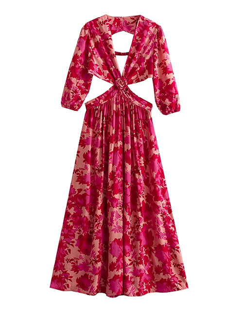 Fashion Red Cotton Printed Waist V-neck Dress