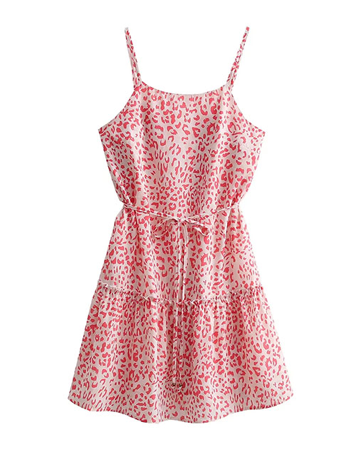 Fashion Pink Chiffon Leopard Print Lace Sling Dress