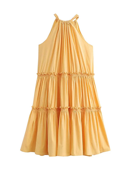 Fashion Yellow Solid Color Pleated Dress
