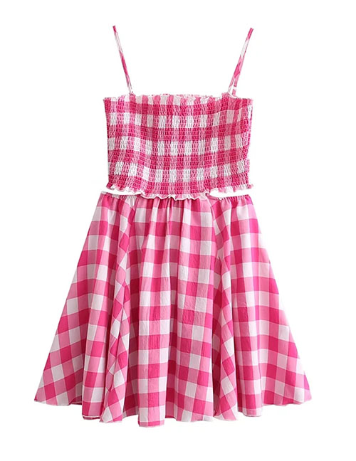 Fashion Pink Plaid Strap Dress