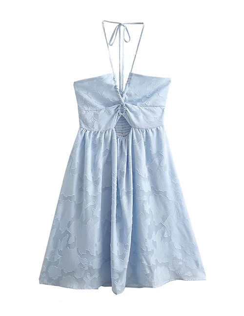 Fashion Blue Hollow Lace Dress