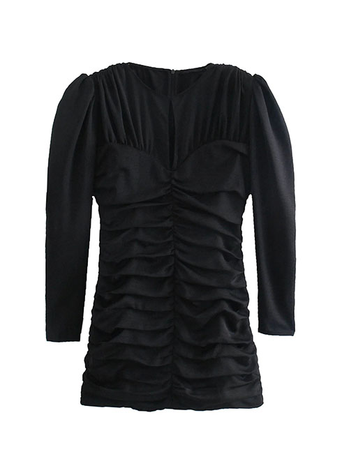 Fashion Black Long Sleeve Pleated Dress
