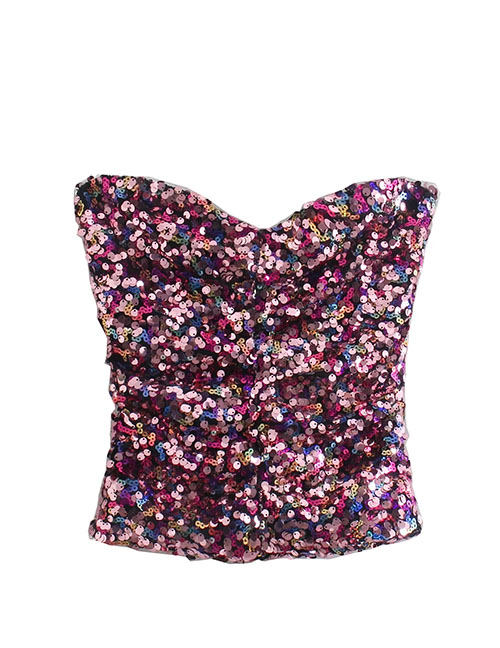 Fashion Color Sequined Tube Top Pleated Top