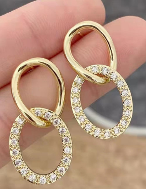 Fashion Gold Color Copper And Diamond Double Ring Stud Earrings