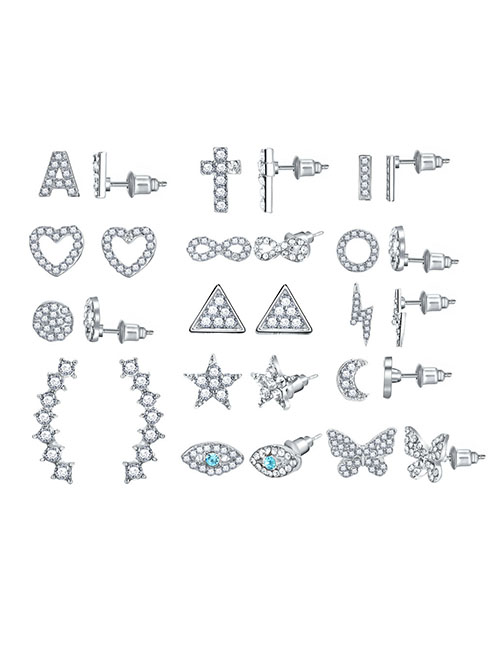 Fashion 2# Alloy Diamond Geometric Love Letter Star And Moon Earrings Set