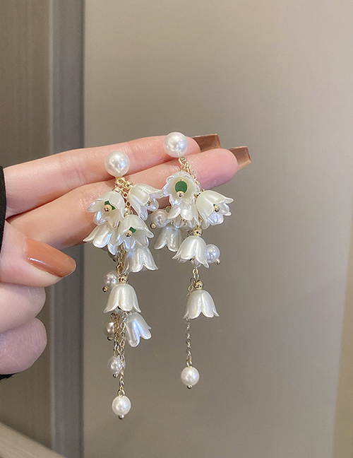 Fashion White Alloy Pearl Lily-of-the-valley Long Tassel Earrings