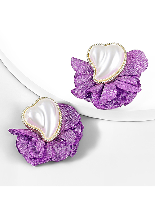 Fashion Purple Alloy Fabric Imitation Pearl Flower Stud Earrings