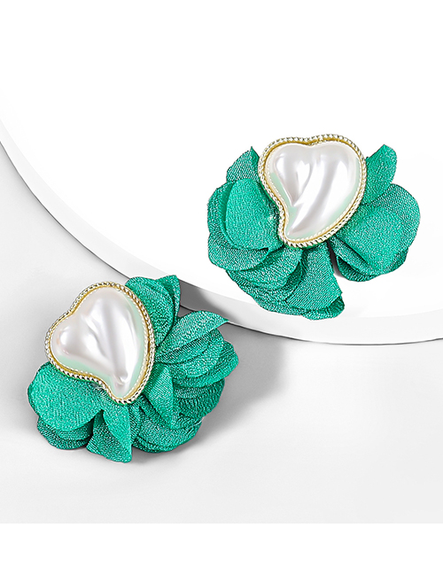 Fashion Green Alloy Fabric Imitation Pearl Flower Stud Earrings