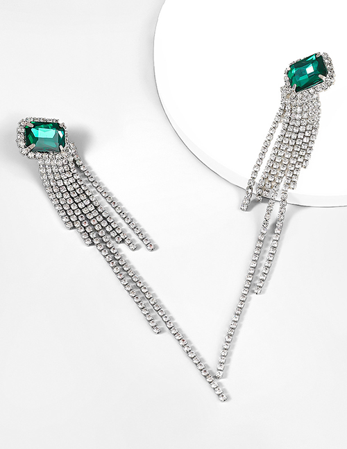 Fashion Green Alloy Diamond Long Tassel Drop Earrings