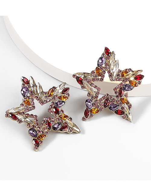 Fashion Red Color Alloy Diamond Star Stud Earrings