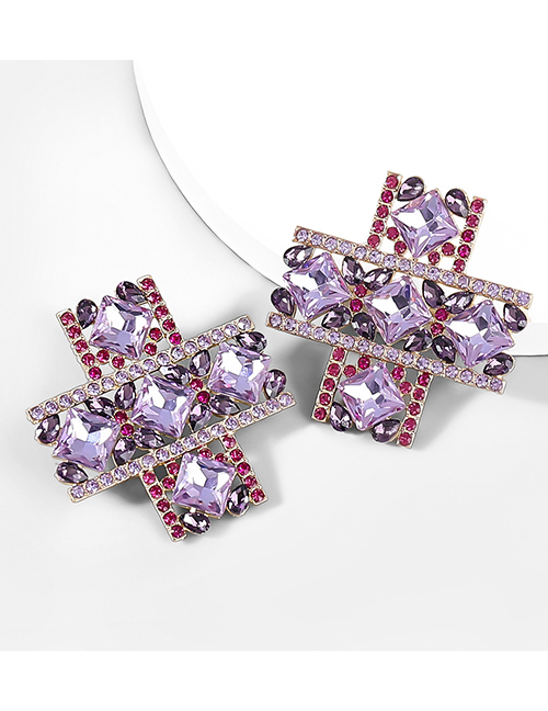 Fashion Purple Alloy Diamond Cross Stud Earrings