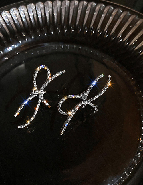 Fashion Silver Color Alloy Diamond Bow Stud Earrings