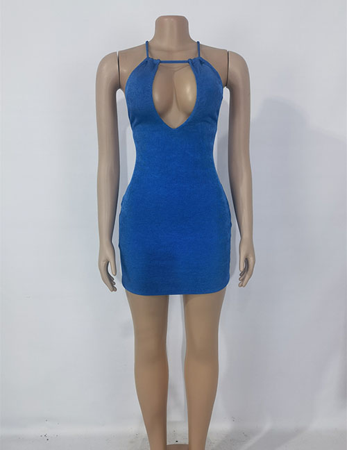 Fashion Blue Halter Hollow Dress