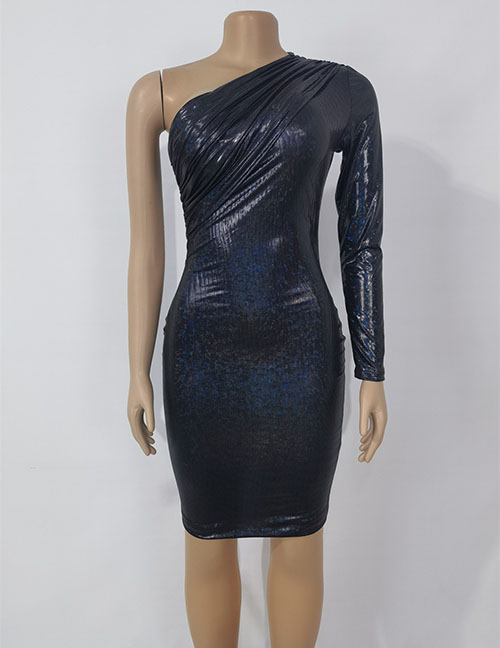 Fashion Black Slanted Shoulder One Sleeve Hot Stamping Laser Dress