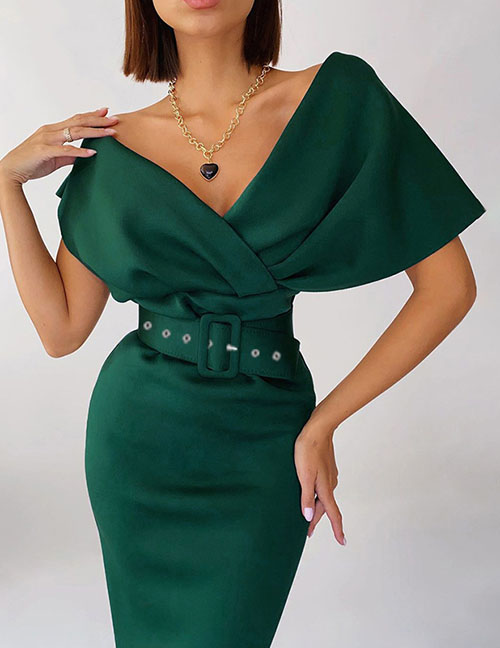 Fashion Dark Green One Word Shoulder With Belt Bag Hip Dress