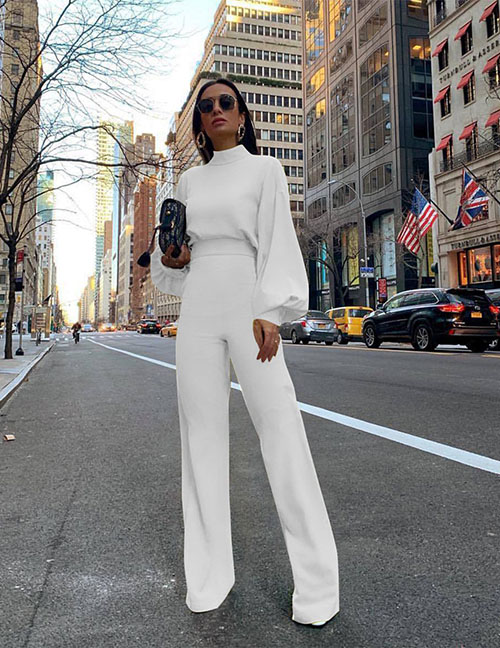 Fashion White Solid Color High Neck Puff Sleeve Top Straight Trousers Suit