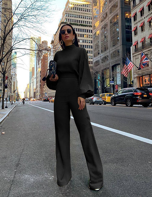 Fashion Black Solid Color High Neck Puff Sleeve Top Straight Trousers Suit