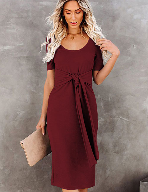 Fashion Red Wine Pure Color Round Neck Lace Dress
