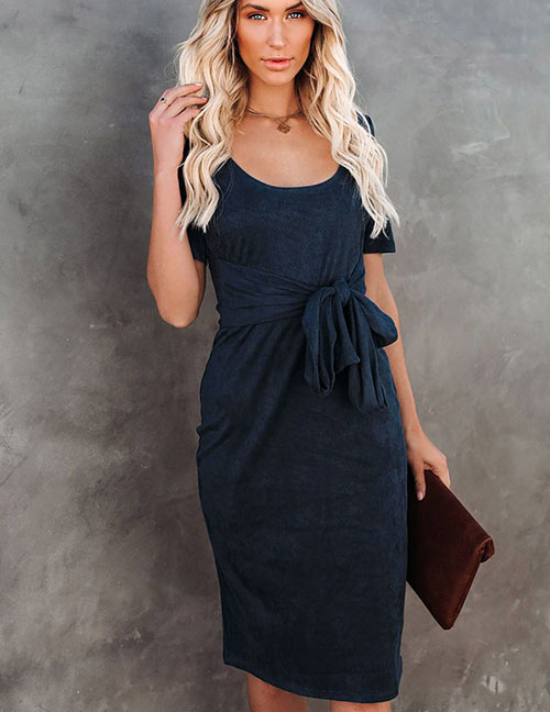 Fashion Navy Blue Solid Color Round Neck Tie Dress