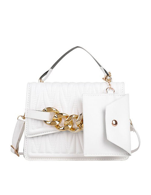 Fashion White Pu Diamond Embroidery Thread Chain Portable Messenger Bag