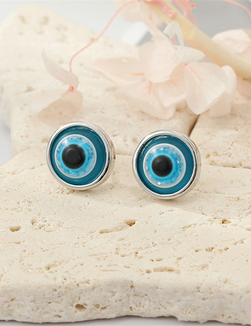 Fashion 15 Silver Color Lake Blue Glitter Eyes Resin Glitter Round Eye Stud Earrings