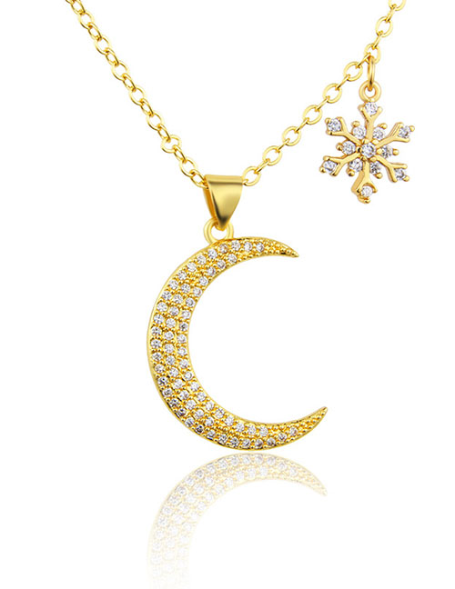 Fashion Gold Zirconium Star And Moon Necklace In Gold Plated Copper