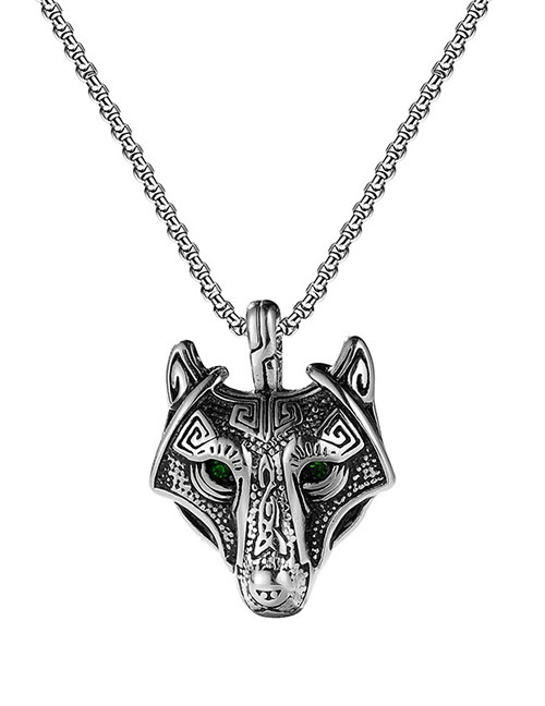Fashion Ancient Silver Green Titanium Steel Wolf Head Necklace
