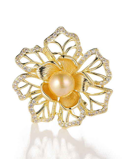 Fashion Empty Holder (without Pearls) Zirconium Camellia Brooch In Gold Plated Copper