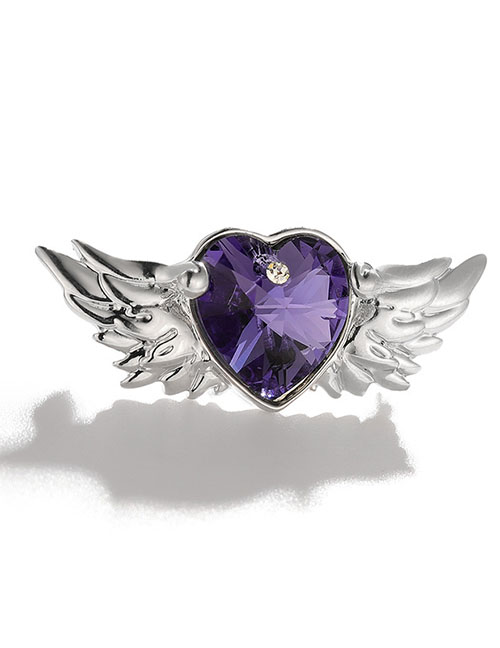 Fashion Silver Lotus Lotus Purple Alloy Diamond Heart Wings Brooch