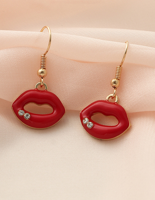 Fashion Red Metal Diamond Lip Stud Earrings