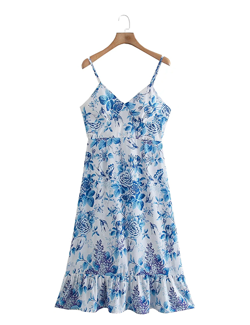 Fashion Blue V-neck Printed Slip Dress