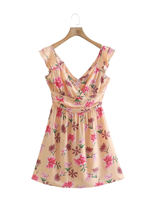 Fashion Pink Flower Printed V-neck Dress
