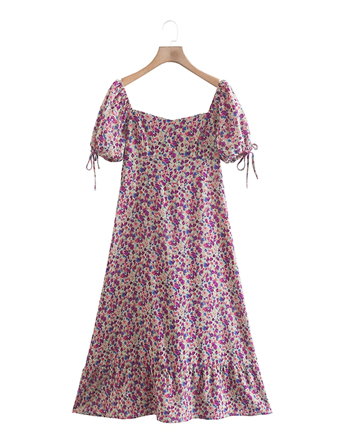 Fashion Purple Flower Printed Square Neck Dress