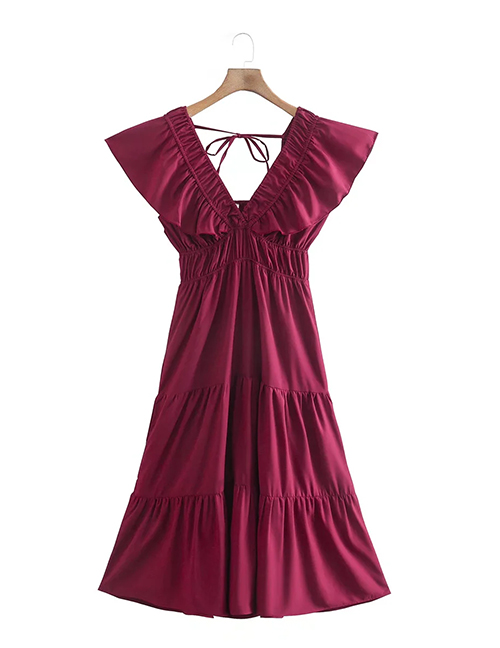 Fashion Red V-neck Fly-sleeve Swing Dress