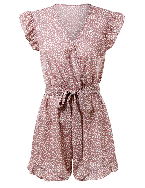 Fashion Pink Printed Ruffled Lace-up Jumpsuit