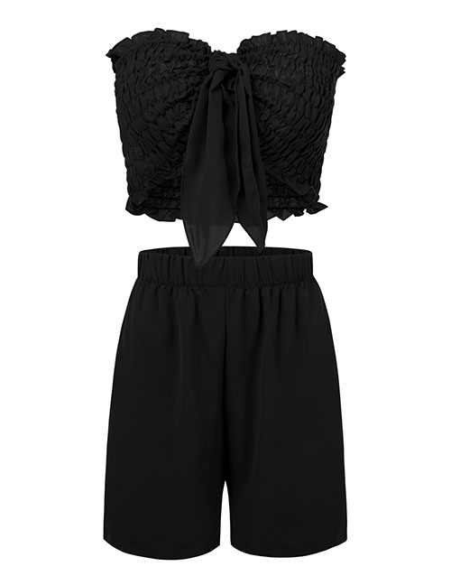 Fashion Black Two-piece Wrap Chest Pleated Top And Shorts