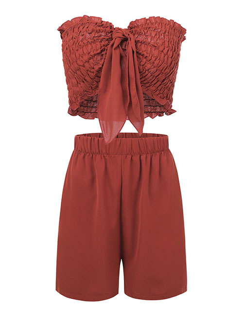 Fashion Brick Red Two-piece Wrap Chest Pleated Top And Shorts