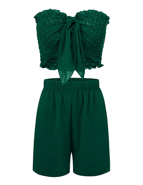 Fashion Dark Green Two-piece Wrap Chest Pleated Top And Shorts
