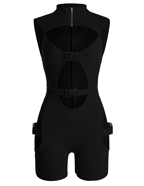 Fashion Black Stand Collar Zip Cutout Jumpsuit