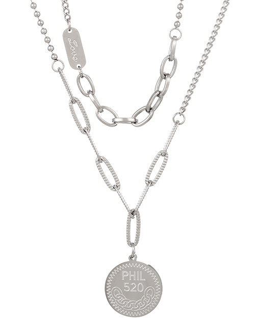 Fashion Silver Titanium Steel Double Paneled Disc Number Double Layer Necklace