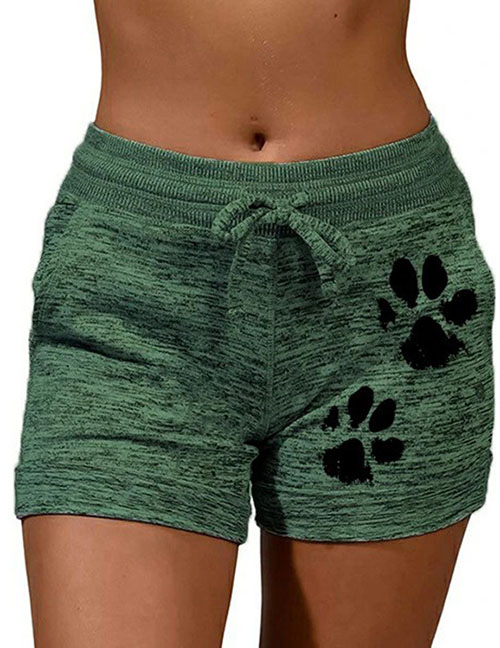 Fashion Army Green Cat Paw Printed Quick-drying Lace-up Stretch Shorts