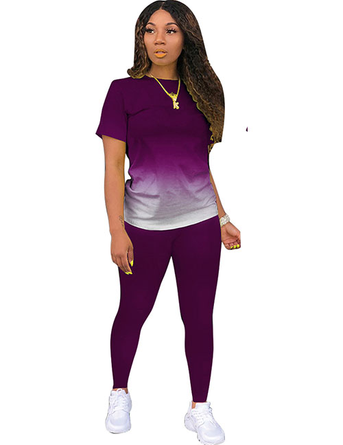 Fashion Purple Printed Gradient Short Sleeve Pants Set
