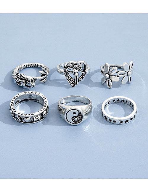 Fashion Silver Color Alloy Elf Star Moon Flower Gossip Ring Set