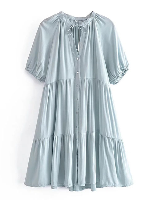 Fashion Blue Woven V-neck Pleated Dress