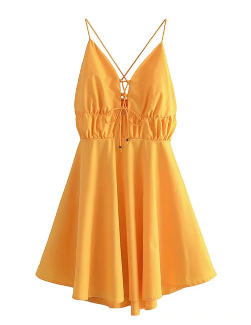 Fashion Yellow Strapless Dress With Straps On The Chest