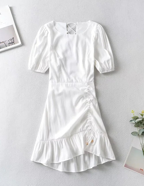 Fashion White Lace-up Drawstring Dress