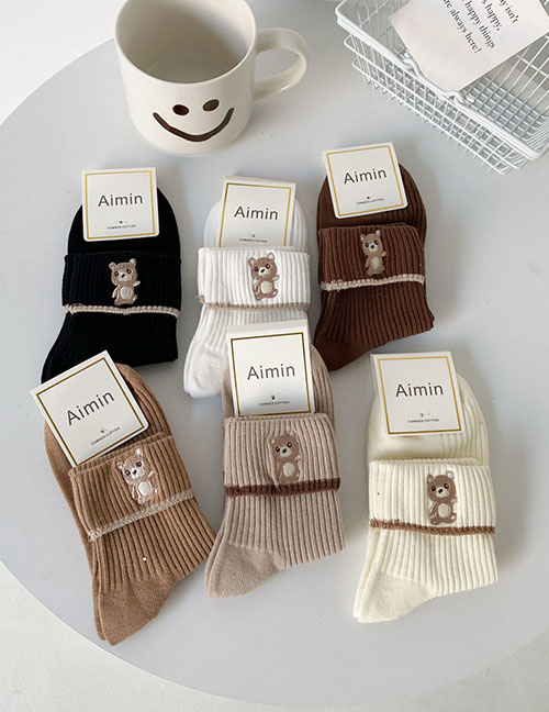Fashion Six Pairs And One Pack Contrasting Color Reverse Socks Cute Bear Embroidered Socks