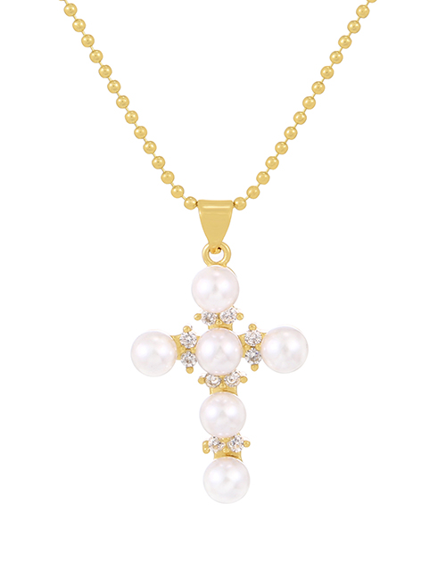 Fashion Gold-2 Bronze Zirconium Pearl Cross Necklace