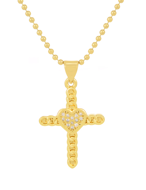 Fashion Gold-6 Bronze Zirconium Cross Heart Necklace