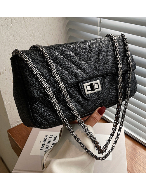 Fashion Large Black Pu Lock Flap Crossbody Bag